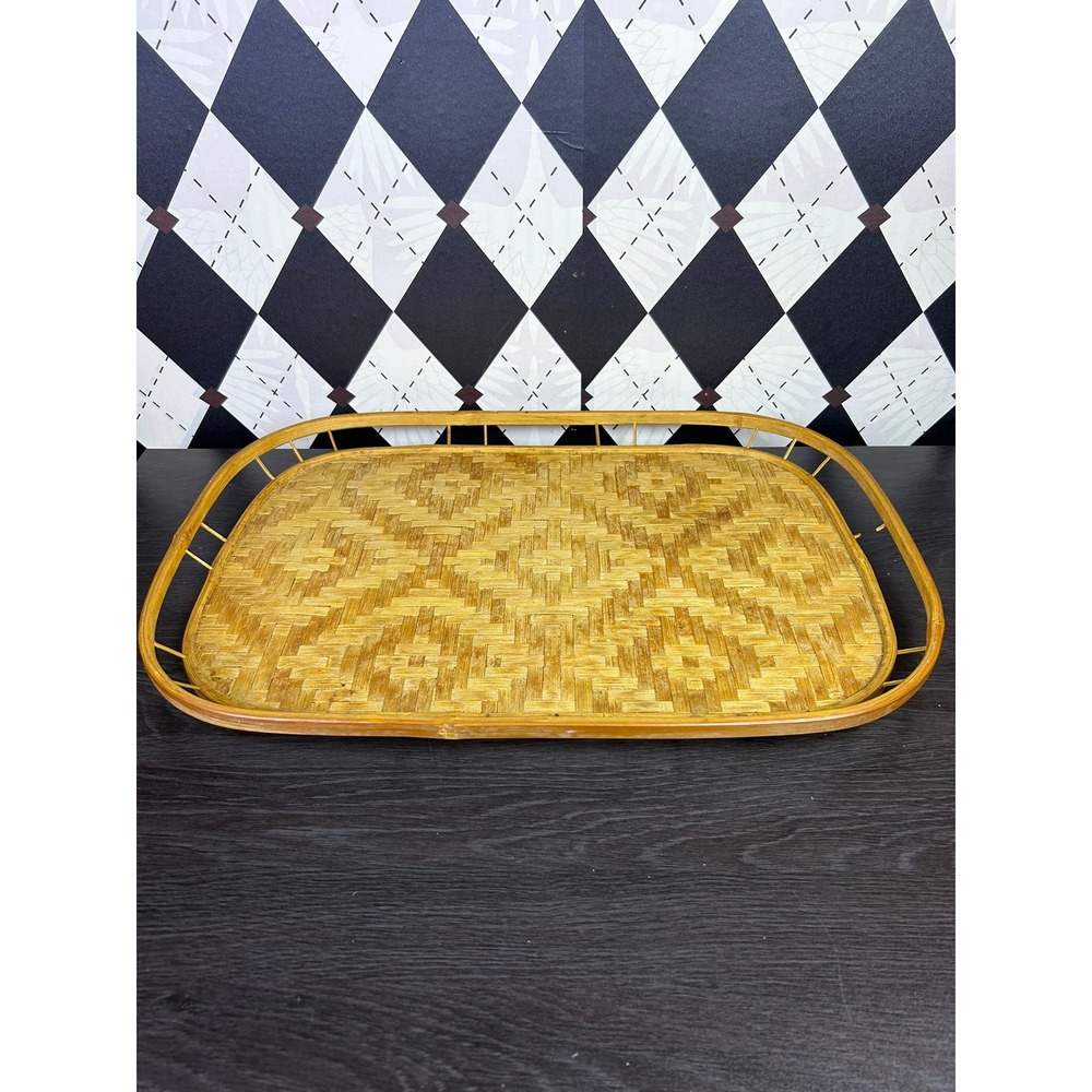 Vintage Woven Bamboo Tray Rattan Gallery Edge 19x14 Inch - Picture 8 of 15